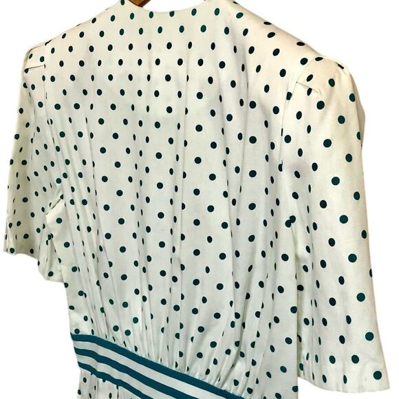 REO Originals Vintage 80s Preppy Short Sleeve Pleated Green Polka Dot Dress 12 - Picture 9 of 14